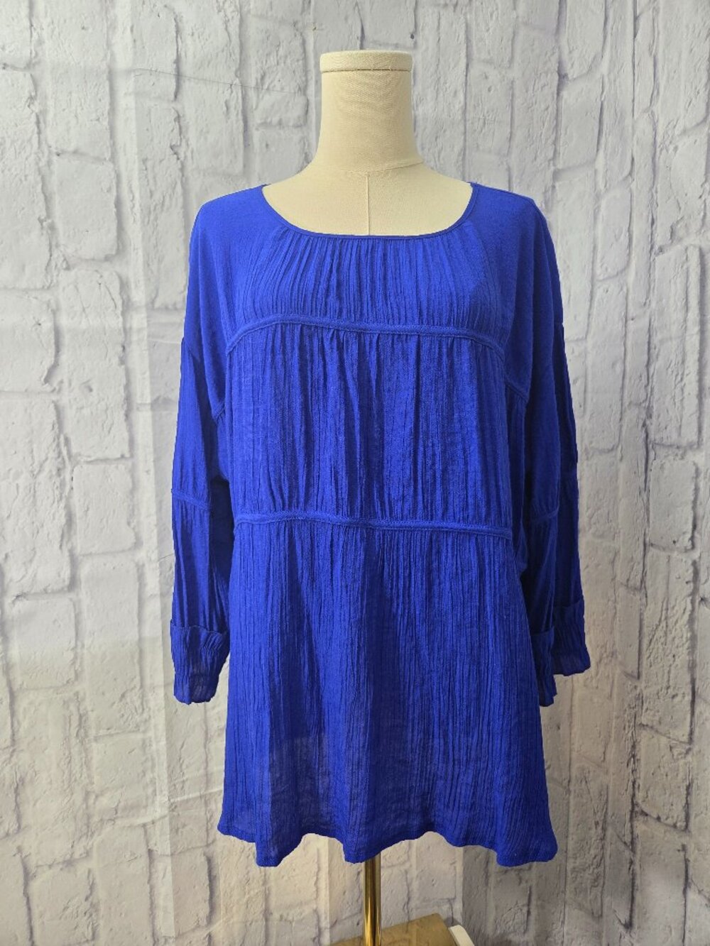 Cato Large Deep Blue Crinkle Gauze Lightweight Longsleeve Casual Blouse